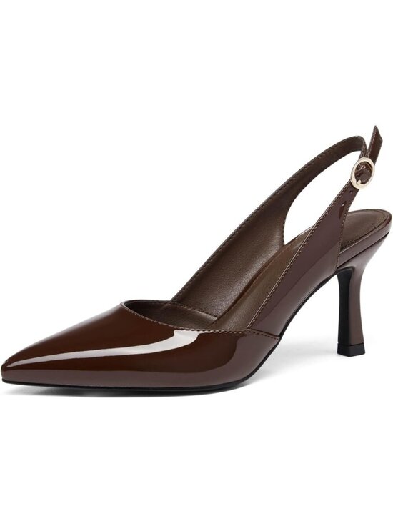 Shoes - Women's Coffee Faux Leather Slingback Pointed Toe Backless Wedding Dress Pumps